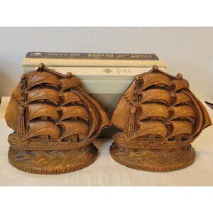 Vintage Wood Look Ship Bookends Constitution - Nautical Decor Cast Resin 5" Tall